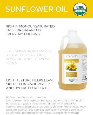 velona USDA Certified Organic Sunflower Oil - 64 Fl Oz | 100% Pure and Natural Carrier Oil | High Oleic, Refined| Cooking, Skin, Hair, Body & Face Moisturizing