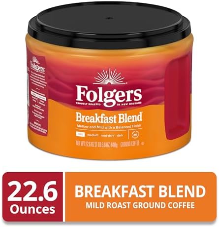 Folgers Breakfast Blend Ground Coffee, Smooth & Mild Coffee, 22.6 Ounce Canister