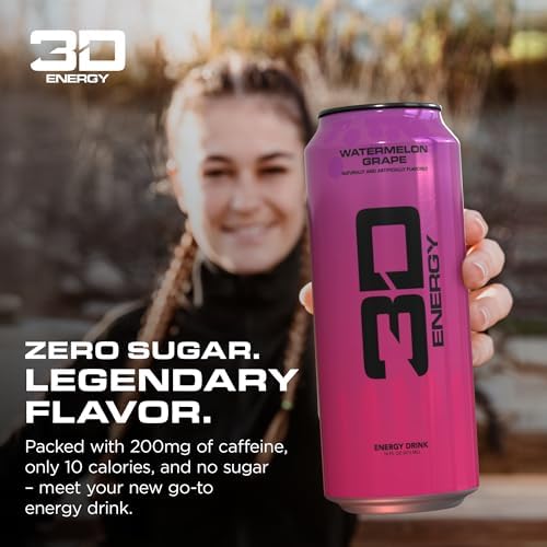 3D Energy Drink – Sugar Free, 200mg Caffeine, Pre Workout, Taurine, L-Carnitine, Lightly Carbonated, 16oz Cans, 12 Pack - Watermelon Grape