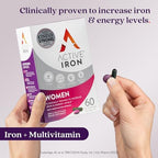 Active Iron Supplement 25mg + Multivitamin for Women, Clinically Proven to Increase Iron & Energy Levels, Maximum Absorption, Gentle, Non-Constipating, 30 Capsules + 30 Tablets in On-the-Go Foil Packs