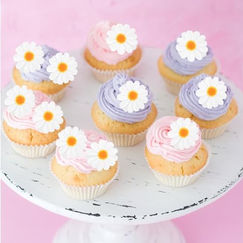 40Pcs Daisy Cake Decorations Edible Flower Cupcake Toppers Wafer Paper Edible Cake Decor White Daisy Flower Cupcake Picks for Birthday Wedding Bridal Baby Shower Party Decoration Supplies
