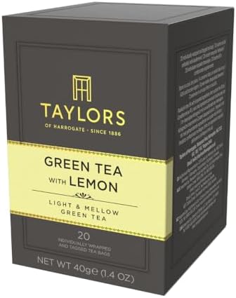 Taylors of Harrogate Green Tea with Lemon, Individually Wrapped Bags, 20 Count (Pack of 1), Citrussy, Mellow and Light, Caffeinated, Enjoy Hot or Iced, 20 Teabags