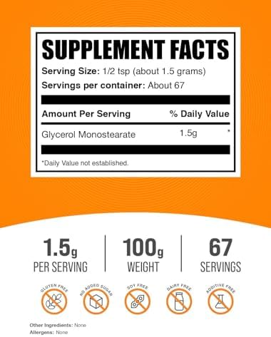 BulkSupplements.com Glycerol Monostearate Powder - Glycerol Supplement, GMS Powder - Unflavored, Food Grade & Gluten Free, 1.5g per Serving, 100g (3.5 oz) (Pack of 1)