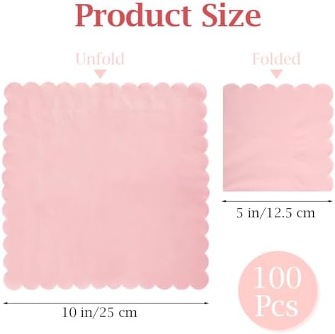 100 Pcs Cocktail Napkins, 2-Ply 5 x 5 Inches Disposable Scalloped Napkins, Thick Premium Dessert Napkins for Party, Wedding, Dinner, Birthday, Anniversary, Festival (Pink)