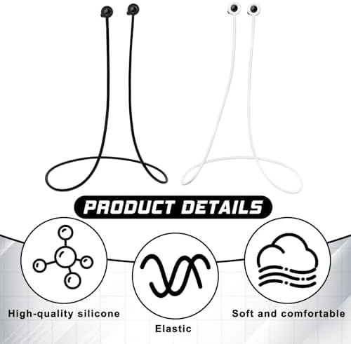 2 Pcs Earplug Lanyard, Silicone Anti-Lost Safety Lanyard for Most Earplugs with Removable Tips, Flexible Sports Neck Rope Connector Strap, Compatible with Running Work Activities (White, Black)