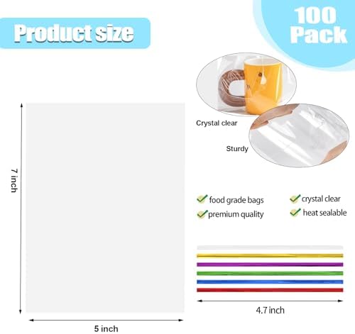 SOMIOCO 100 pcs Clear 5" x 7" Flat Cello Cellophane Bags Poly Treat Bags 1.4 mils for Gift Wrapping, Bakery, Cookie, Candies, Toast, Dessert, Party Favors Packaging