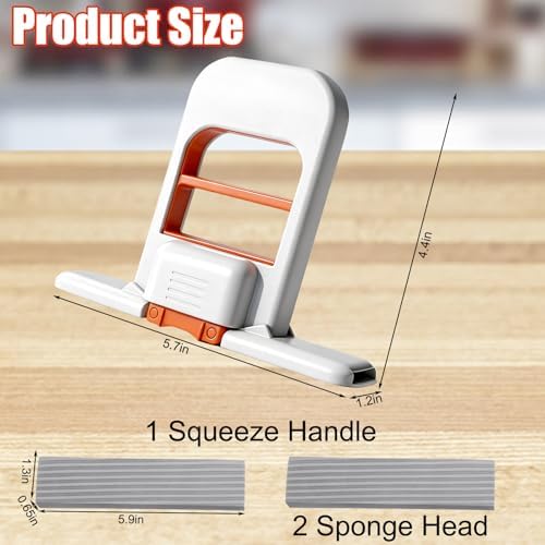 Juome Mini Foldable Desktop Mop - Portable Self-Squeeze Sponge Cleaning Tool, Wet and Dry Use Cleaning System, Mini Mop for Kitchen Counter, Bathroom, Glass (2 Sponge Head + 1 Squeeze Handle)