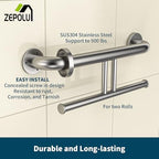 Brushed Nickel Handicap Grab Bar w/Toilet Paper Roll Holder, Zepolu 2-in-1 Safety Assist Bar Balanced Support Handle 17 Inch, Stainless Steel Wall Mounted Bathroom Toilet Grab Bar for Senior Elderly