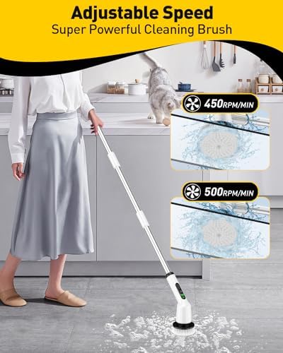 Electric Spin Scrubber for Cleaning Bathroom, Shower Scrubber Cordless Cleaning Brush with IPX7 Waterproof & 2 Speed, 3 Brush Heads, Bathroom Cleaning Supplies for Shower Tub Kitchen Tile Toilet White