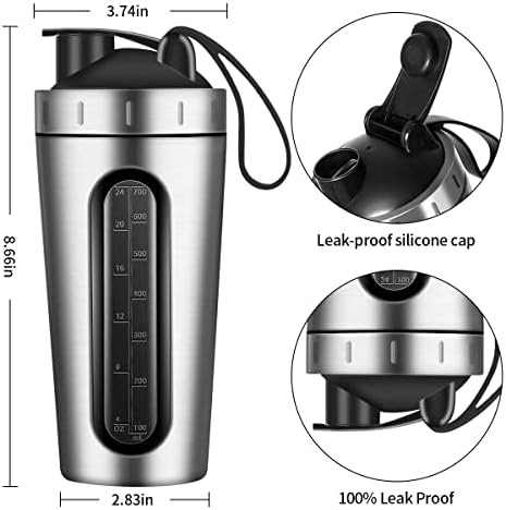 Protein Shaker Bottle, 28oz Shaker Bottles for Protein Mixes and Pre Workout, Visible Window, Stainless Steel Shaker Bottle Leak Proof (silver)