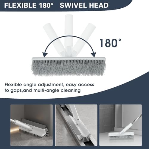 Floor Scrub Brush with Long Handle, 2 in 1 V-Shape Grout Brush with Squeegee + 2 Crevice Cleaning Brushes, Heavy Duty Stiff Bristle Scrubber Brush for Cleaning Shower Bathroom Kitchen Tile