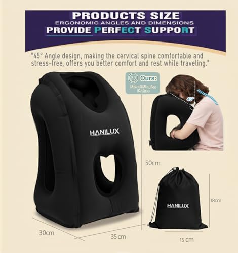 Inflatable Travel Pillows for Airplanes, Blow Up Travel Pillow for Train Office Car with Chin and Neck Support, Inflatable Travel Pillow for Sleep Support with Eye Mask,Storage Bag & Earplugs (Black)