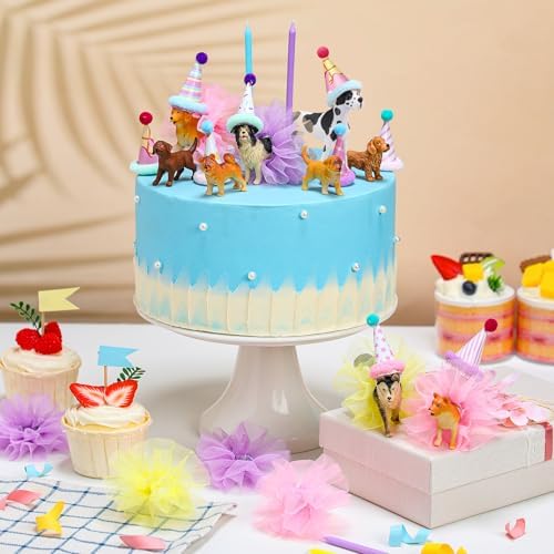 Weysat 27 Pcs Dog Cake Topper Animals Figures Birthday Party Decorations with Mini Hat with Pom Poms Puppy Dog Figure Cupcake Toppers Decoration with Mini Skirt and Hat for Puppy Animals Themed Party
