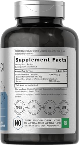 Horbäach Betaine HCl with Pepsin | 250 Tablets | Hydrochloride Supplement | with Ginger Root | Non-GMO, Gluten Free