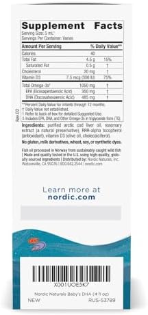 Nordic Naturals Baby’s DHA, Unflavored - 4 oz - 1050 mg Omega-3 + 300 IU Vitamin D3 - Supports Brain, Vision & Nervous System Development in Babies - Non-GMO - Servings May Vary