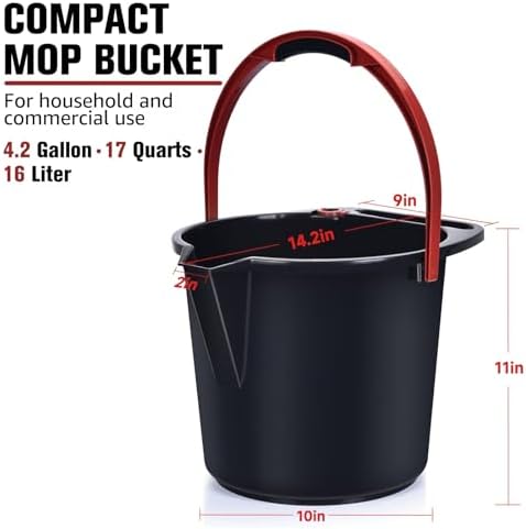 Matthew Cleaning 4.2 Gallon Mop Bucket, Heavy Duty Plastic Cleaning Bucket with Built-in Pour Spout, Mop Holder and Comfort Grip Handle, House and Commercial Cleaning Supplies, 1 Pack Black
