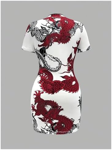 SOLY HUX Women's Cheongsam Dress Chinese Traditional Dragon Print Qipao Bodycon Mini Dress