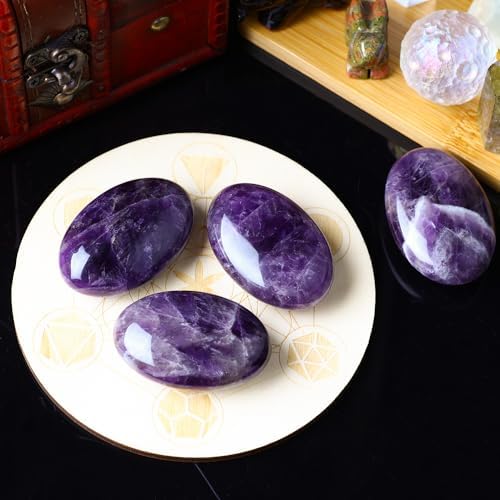 Amethyst Palm Stone Crystal Natural Chakra Therapy Polished Healing Crystal Oval Pocket Gemstone for Anxiety Stress Relief
