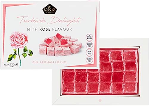 Cerez Pazari Turkish Delight with Rose Flavour 230gr Gourmet Small Size Snacks Gift Box | No Nuts Sweet Traditional Vegan Soft Candy Dessert Approx 40 Pcs