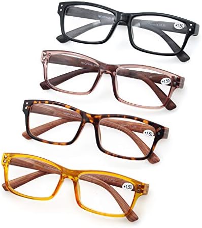 MODFANS Reading Glasses 1.75 4-Pack Wood Look Printed Arms Readers Classic with Spring Hinges for Men and Women
