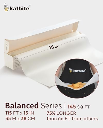 Katbite Parchment Paper Roll 15in x 115ft, White Pachment Baking Paper Roll 145 Sq.Ft, Non-Stick and Extra Longer Parchment Paper with Portable Serrated Cutter for Baking,Cooking,Space-saving