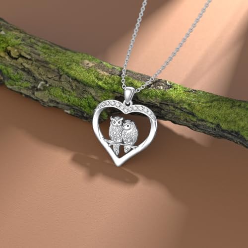 Diamond Owl Necklace for Women 925 Sterling Silver Heart Owl Pendant Necklace Two Owl Animal Jewelry Gifts for Mom Wife Girlfriend Daughter Sister Her