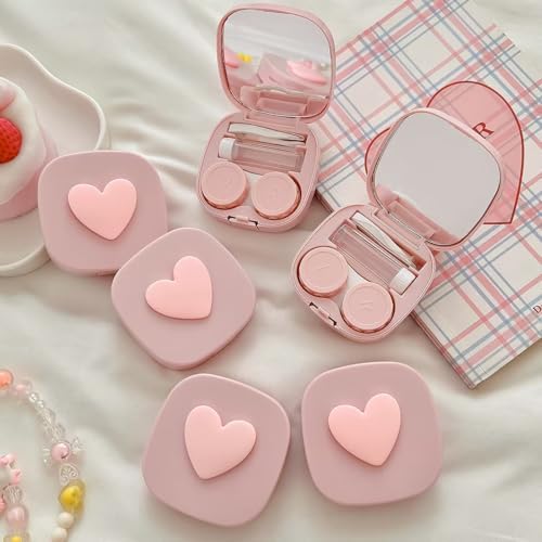 Love Heart Contact Lens Cases, Travel Portable Contact Lens Container Box With Mirror,Cute Eyes Care Eyewear Kits Organizer (White)