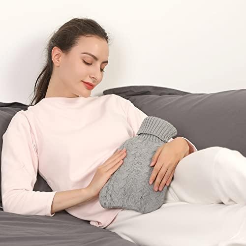 samply Hot Water Bottle with Knitted Cover, 2L Hot Water Bag for Hot and Cold Compress, Hand Feet Warmer, Ideal for Menstrual Cramps, Neck and Shoulder Pain Relief,Grey