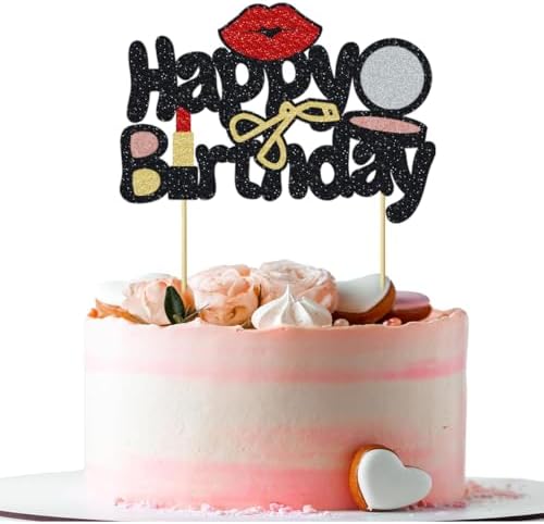 Happy Birthday Cake Topper, Makeup Birthday Party Cake Decorations with Powder, Eyelash Curler, Lipstick Glitter Cake Decor for Girls or Women Lipstick Birthday Decor