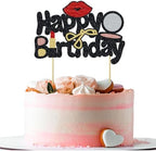 Happy Birthday Cake Topper, Makeup Birthday Party Cake Decorations with Powder, Eyelash Curler, Lipstick Glitter Cake Decor for Girls or Women Lipstick Birthday Decor