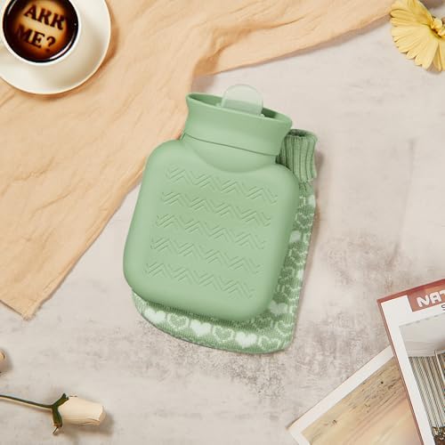 Amylove Mini Hot Water Bottle with Knitted Cover 320ml, Mother's Gift Water Bag for Women, Microwave Heating Bottle for Pain Relief Menstrual Cramps Travel(Green)