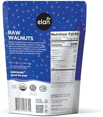 Elan Organic Walnuts, 5.3 oz, Raw Nuts, Unsalted, Unroasted, No Shell, Non-GMO, Vegan, Gluten-Free, Kosher, Healthy Snacks