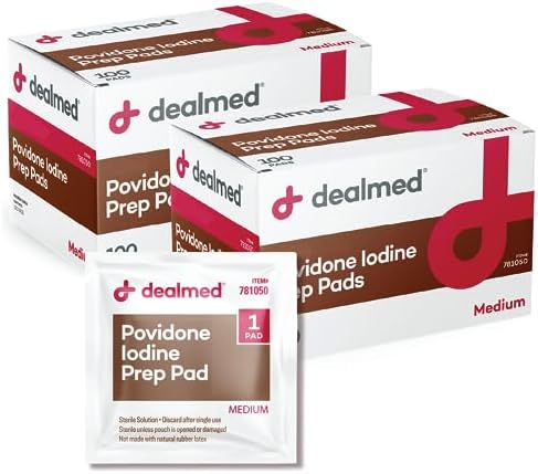 Dealmed Povidone Iodine Prep Pad 10% - Individually Sealed Packets Perfect for Wound Care and Portable First Aid Kits, 100/Box (Pack of 1)