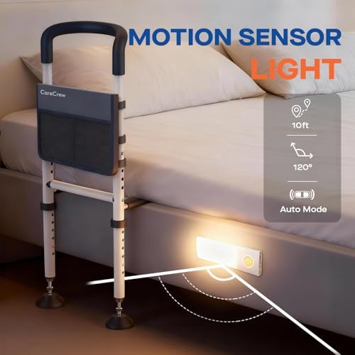 Bed Rails for Elderly Adults Safety - Adjustable Bed Rails for Seniors Supports 350lbs with Motion Sensor Light & Storage Pocket, Stable Bed Assist Rails with Strong Support Leg
