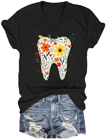 Dental Halloween Shirts for Women Floral Tooth Shirt Men Funny Dental Assistant Halloween V-Neck T-Shirt