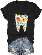 Dental Halloween Shirts for Women Floral Tooth Shirt Men Funny Dental Assistant Halloween V-Neck T-Shirt