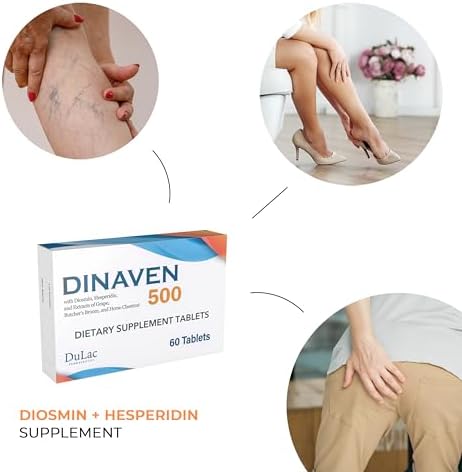 Dulac Dinaven 500, Micronized Diosmin Hesperidin Dietary Supplement 1000mg per serving, Horse Chestnut Extract, Butcher’s Broom & Red Grape Extract, Leg Circulation Support, 60 Tablets, Made in Italy