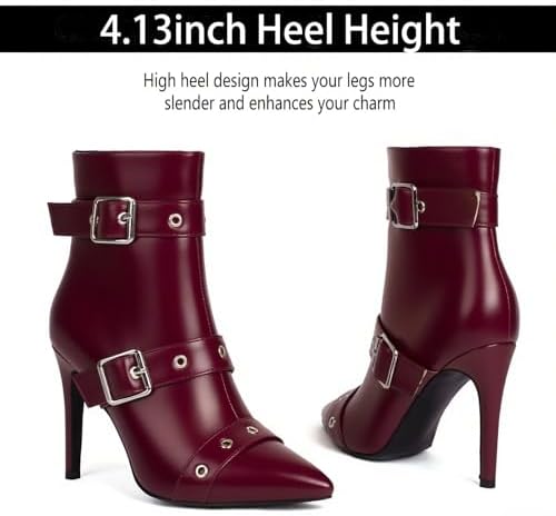 Women'S Pointed Toe Stiletto Ankle Boots with Goth Buckle Strap Studded Fashion Retro High Heel Sexy Ankle Booties with Side Zipper For Dance Party Cosplay Motorcycle Short Booties