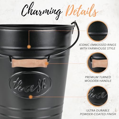 Autumn Alley Farmhouse Bathroom Trash Can - Decorative Rustic Black Trash Can Bucket with Wooden Handle for Bathroom, Bedroom, Office, Kitchen, Western Country Home Décor, 2 Gal., Matte Black