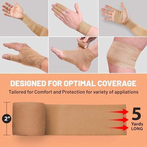 MEDca Self Adherent Cohesive Wrap Bandages 2 Inches X 5 Yards 12 Count with Strong Elastic First Aid Tape for Sprain Swelling and Soreness on Wrist and Ankle (Skin Color)