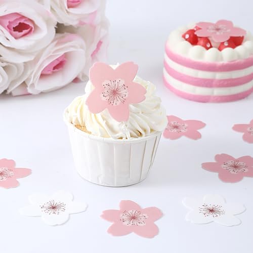 YOcity 60 Pcs Edible Cherry Blossom for Cake Decorations Edible Flowers Cupcake Toppers Wafer Paper Flowers for Baby Shower Kids Birthday Party Decorations Supplies Pink White