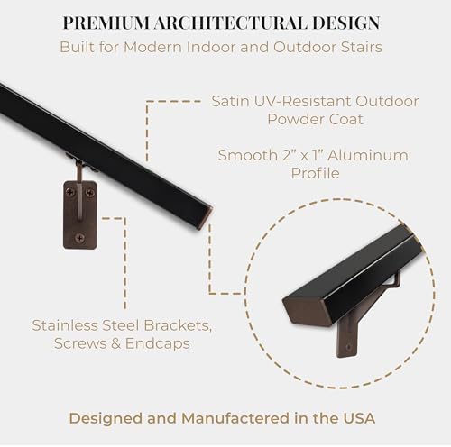 Modern Architectural Aluminum Stair Handrail for Indoor and Outdoor Stairs, Wall Mount Staircase Railing Kit with Stainless Steel Brackets and Screws, Powder Coated (Bronze/Satin Black, 8 Feet)
