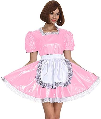 Plus Size Sweet Lolita A-line Mini Dress Elegant PVC Lace Trim Maid Apron Dress (S,Light Pink)