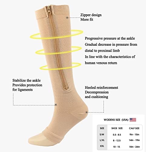 2 Pair Zipper Women Compression Stockings Burn Fat Socks Open Toe Girl Compression Slim Beauty Leg,Skin Tone,L/XL