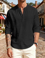 Men's Linen Shirts Henley T-Shirts Long Sleeve Casual Beach T-Shirts Solid Tops Shirts for Men