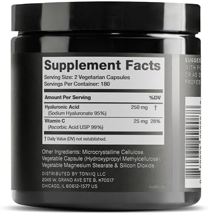 Toniiq Hyaluronic Acid Supplements – Lab Tested 95% Ultra High Purity – Fermented and Bioavailable with Vitamin C – Third Party Lab Tested – 360 Capsules
