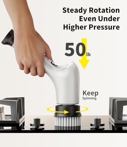 Electric Spin Scrubber, Cordless Household Cleaning Brush with 6 Replaceable Heads, 3 Speeds, LED Display, Lightweight Handheld Power Scrubber for Cleaning Stove/Bowl/Sink/Corner/Tile/Grout-White