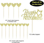 Sotpot 13PCS Gold Glitter Happy Retirement Cake Topper with Heart Cupcake Toppers Retirement Cake Decoration for Retired Party Cake Decoration Party Supplies