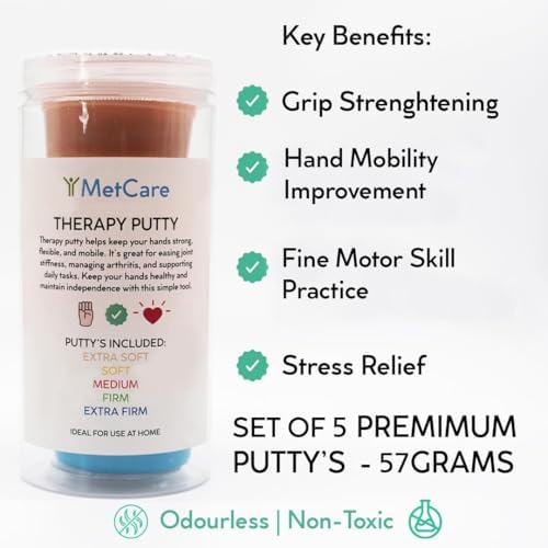 Therapy Putty 5 Strengths – Extra Soft, Soft, Medium, Firm, Extra Firm for Hand Rehabilitation & Strengthening – Non-Toxic, Colour-Coded Tubs, 57g