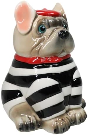 Ebros Gift Ceramic French Bulldog Dog With Red Beret And Striped Costume Cookie Jar With Air Tight Lid 8.75" Tall Decorative Kitchen Countertop Accessory Figurine
